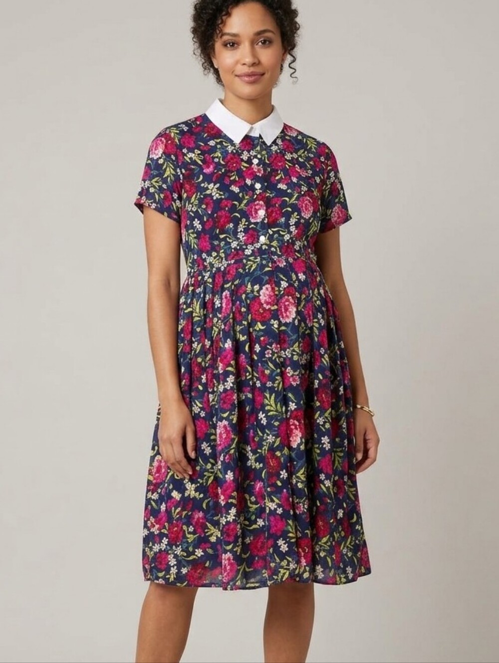 ASOS Navy Floral Midi Dress with White Peter Pan Collar
